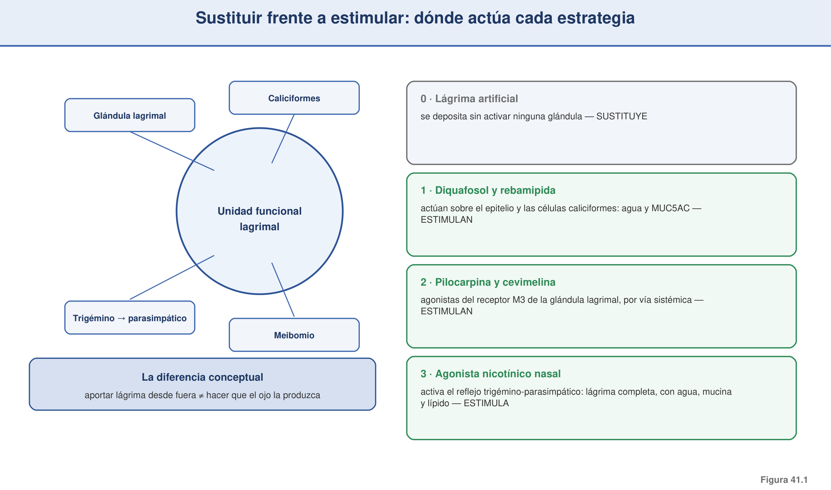 Figura 41.1 — Sustituir vs estimular: dónde actúa cada estrategia
