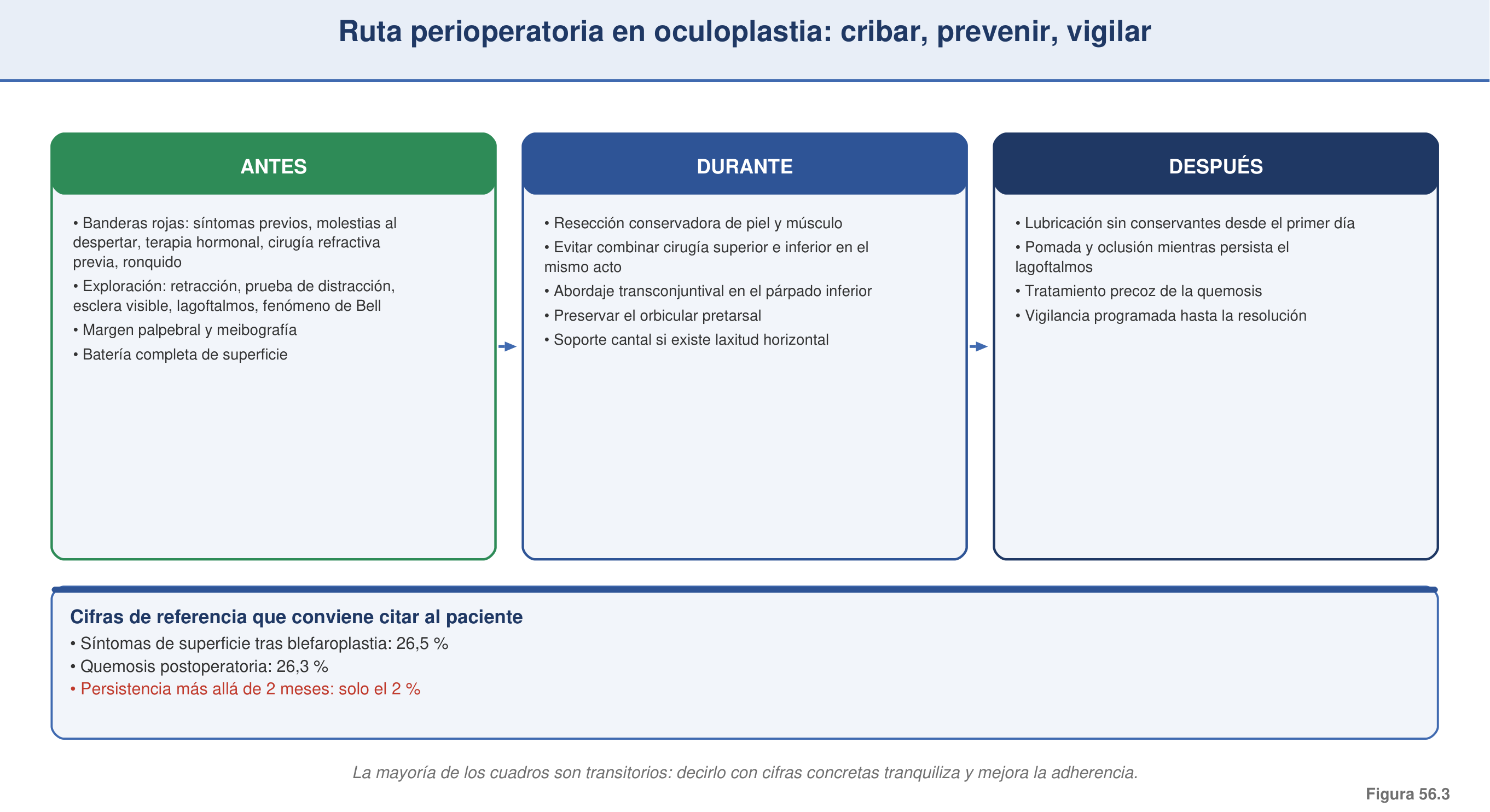 Figura 56.3 — Ruta perioperatoria en oculoplastia: cribar, prevenir, vigilar