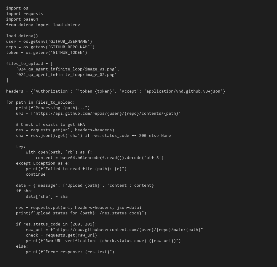 GitHub API를 연동하여 이미지 호스팅을 자동화하는 실제 Python 코드 캡처본