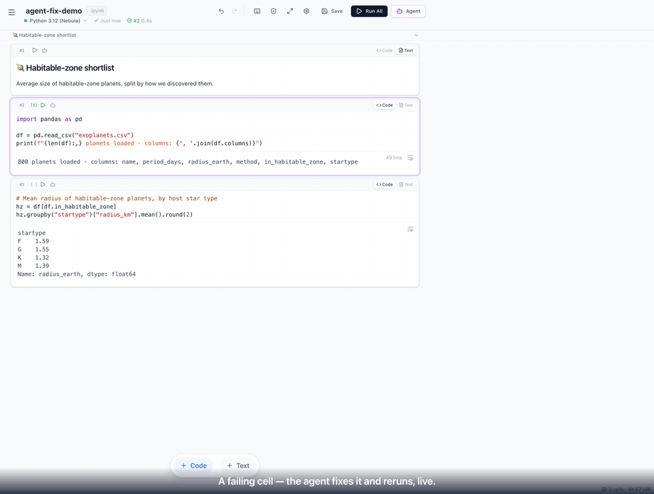 A code cell throws a KeyError; an agent session starts, rewrites the cell live with a purple presence ring, reruns it, and the clean output appears
