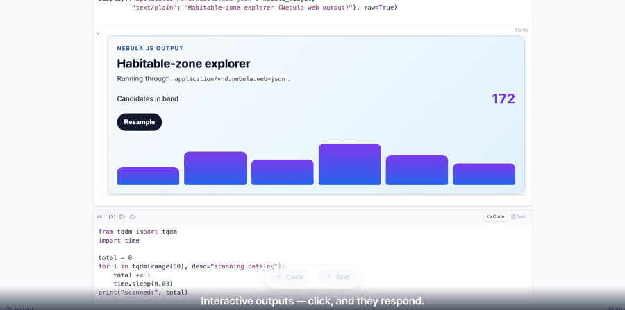 A Nebula-native interactive web output: clicking Resample re-rolls the bar chart live