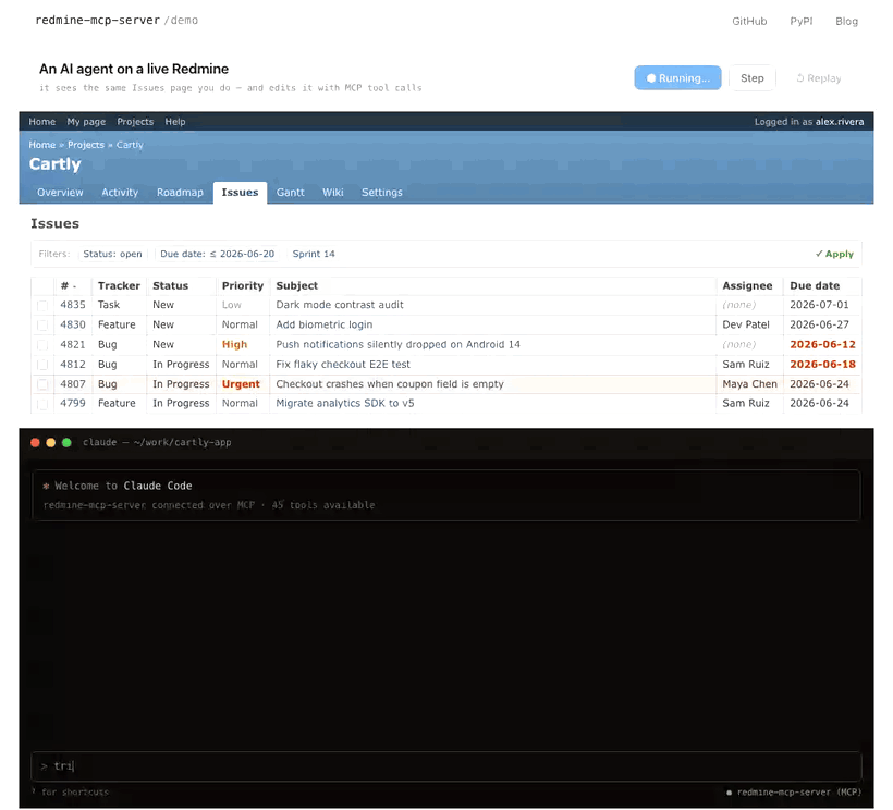 An AI agent triaging a Redmine sprint backlog through redmine-mcp-server