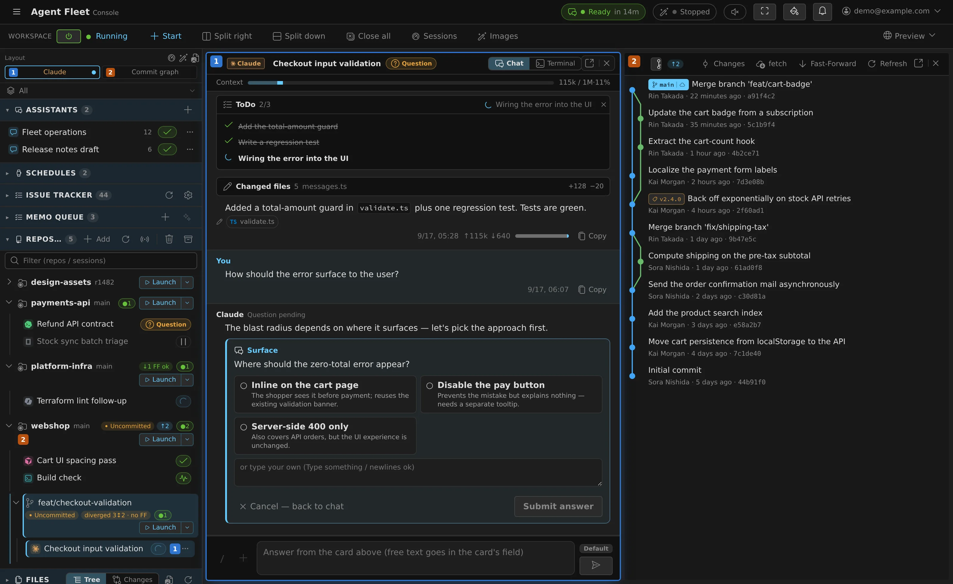 The Agent Fleet Console: repo tree with live sessions, a chat mirror of a running agent, and the repository's commit graph side by side