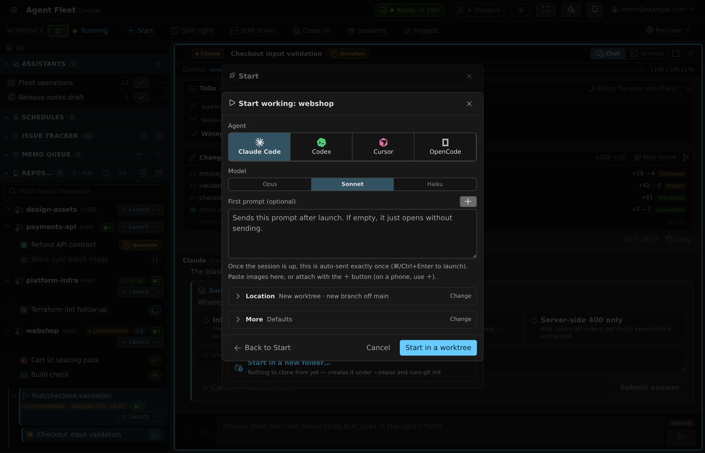 Launch dialog: pick the agent CLI, its model, reasoning effort, start mode and whether to run in a fresh git worktree
