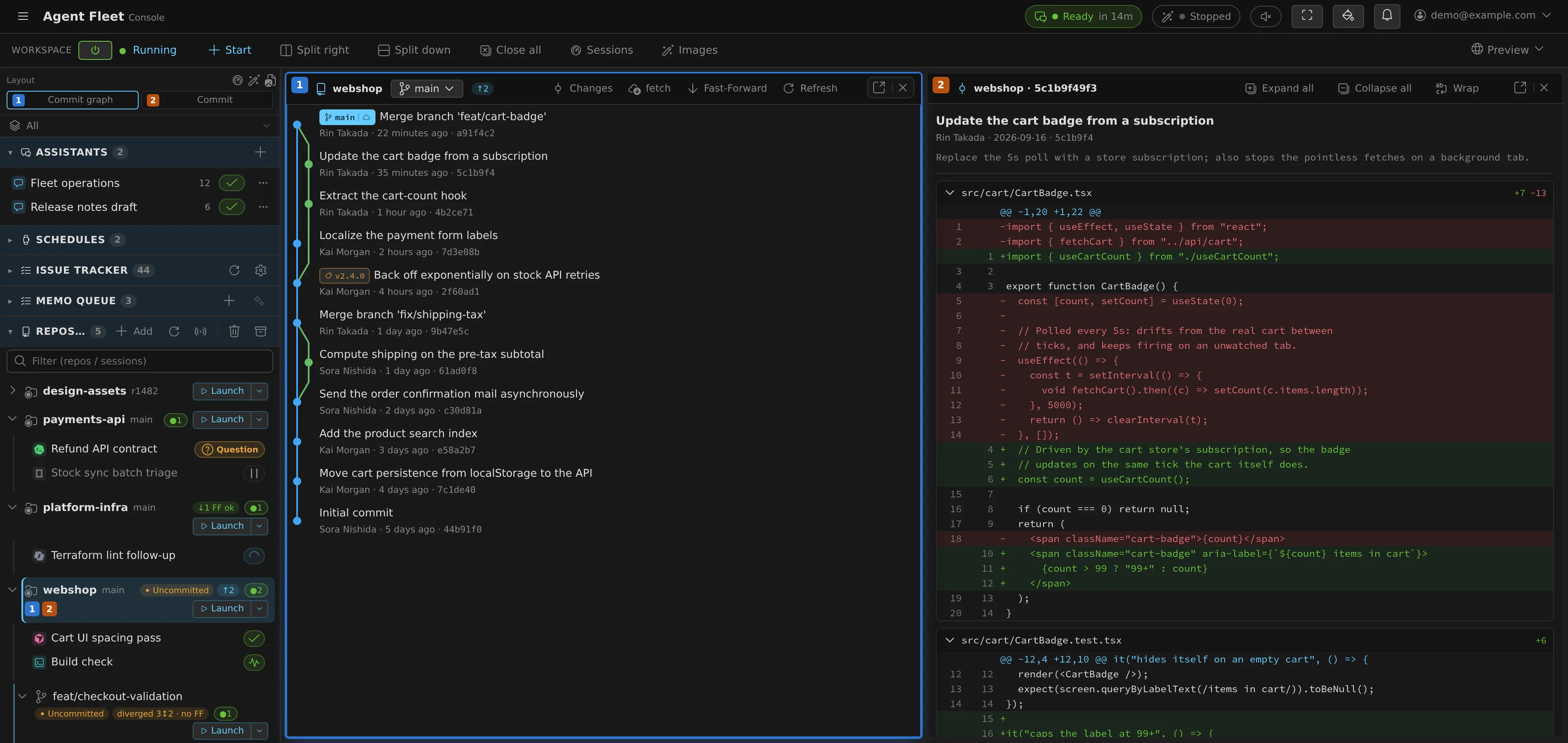 Split panes: the commit graph with branch lanes on the left, the selected commit's diff on the right
