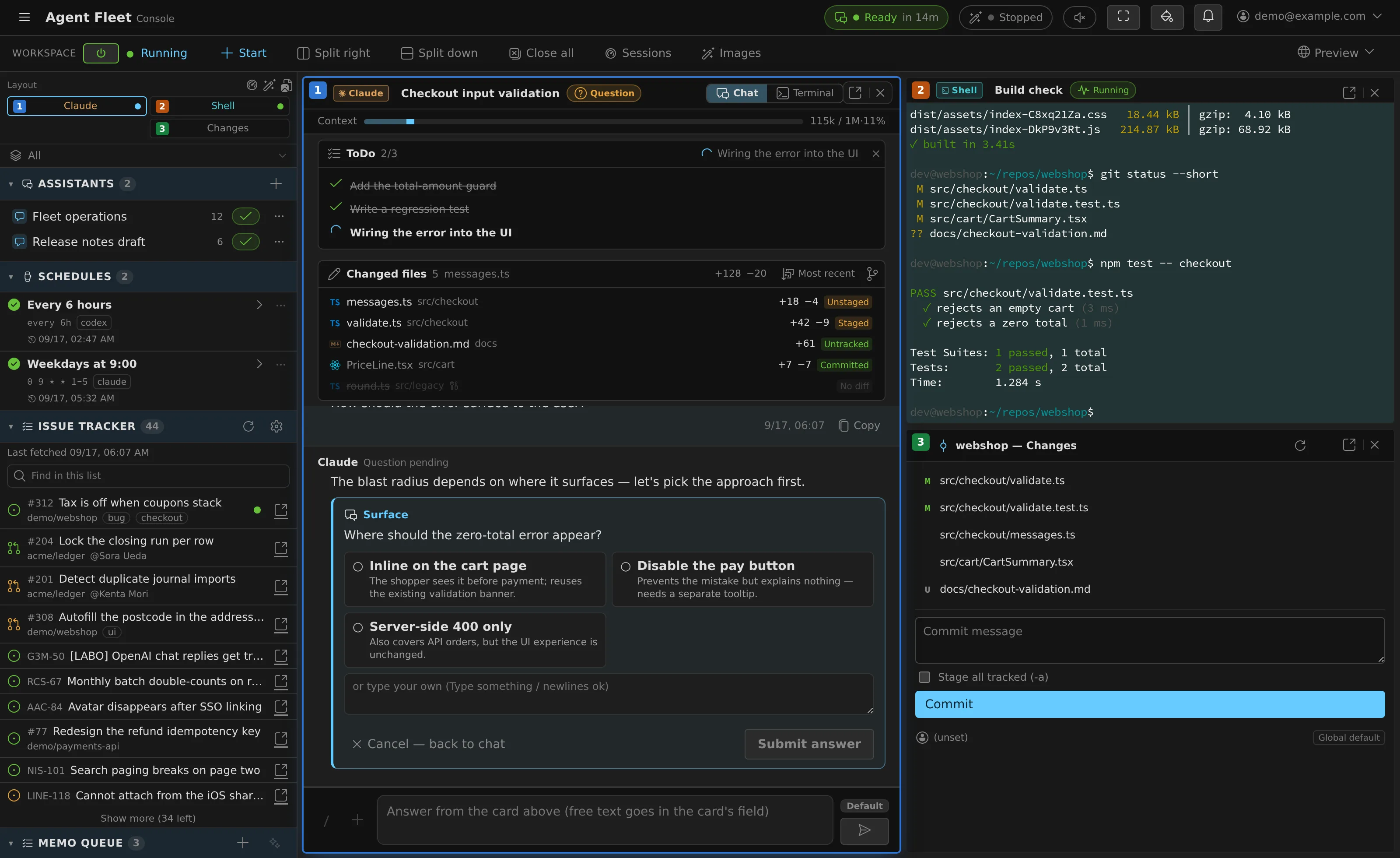 Three panes: the chat mirror, a live terminal attached to a shell session, and the repository's working-tree changes with a commit box