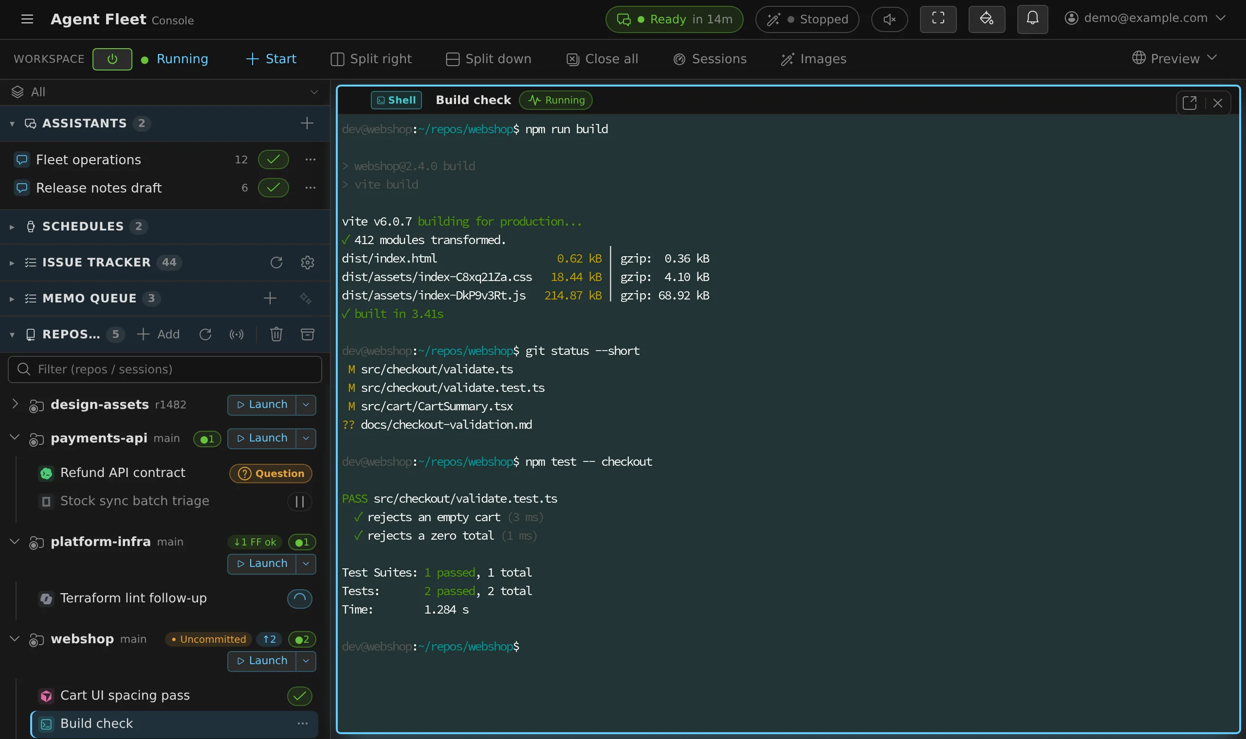 A terminal pane attached to a shell session, showing a build and a git status run