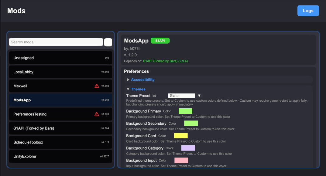 ModsApp preferences, collapsible categories and customization