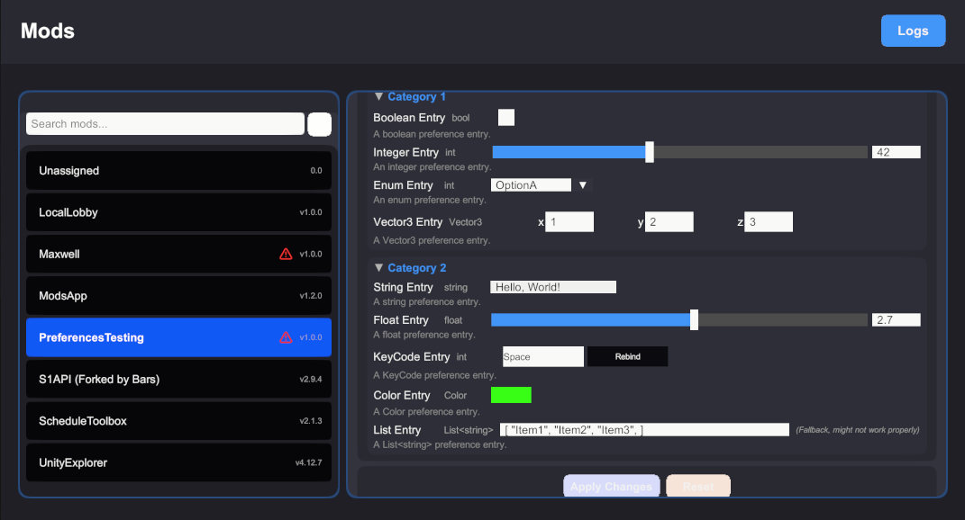 Mod with preferences, various types of input types