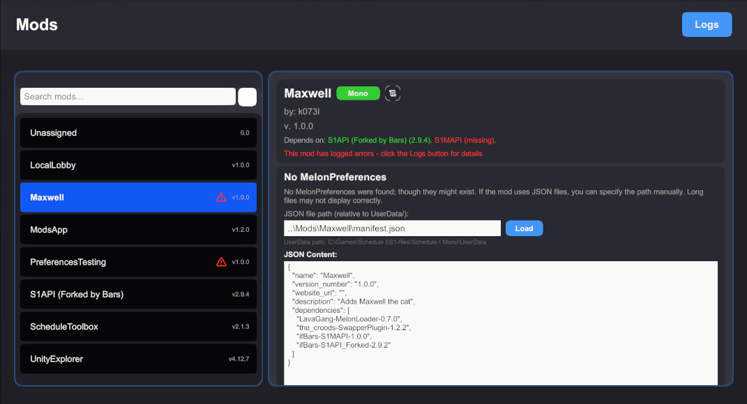 Mod with JSON preferences, alerts for missing dependecies and errors in log