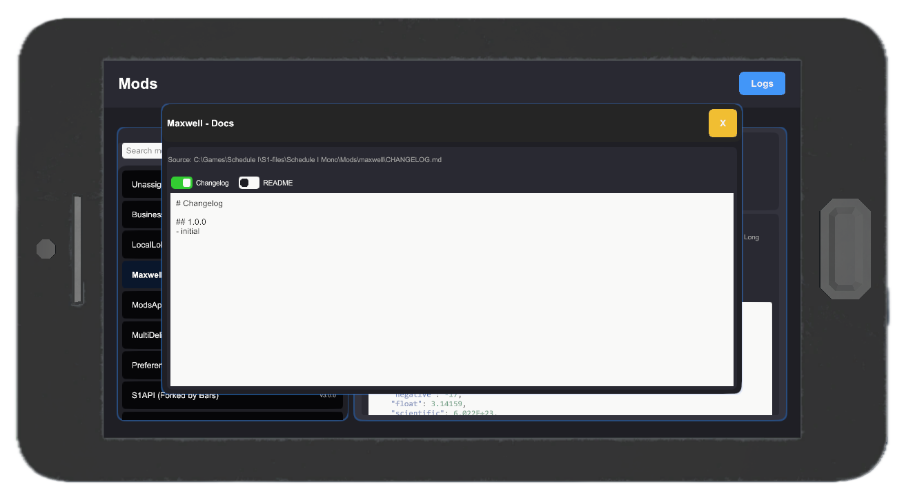 Pop-up panel for mod's changelog and readme