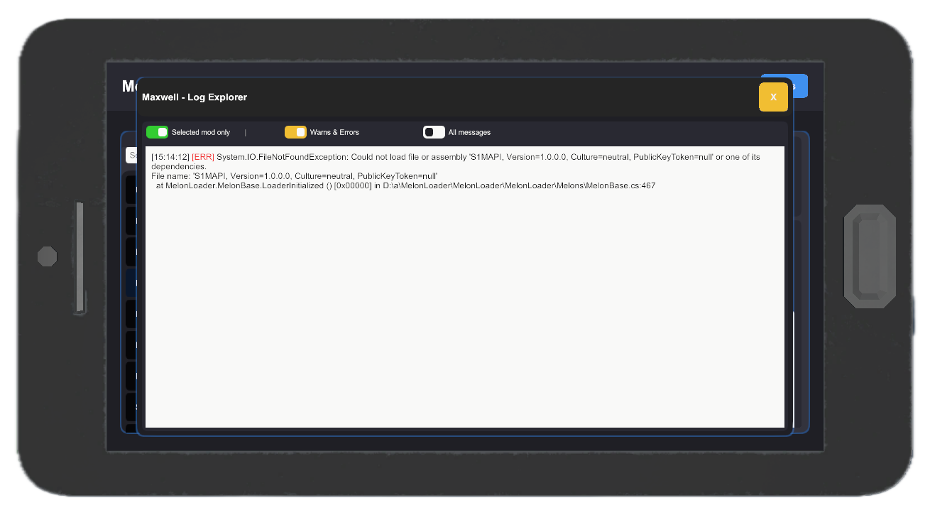In-app log explorer showing mod logs and errors