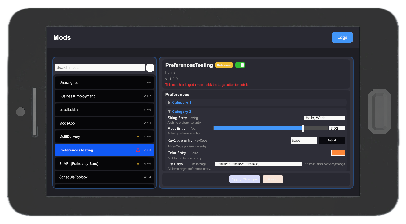 Mod with preferences, various input types