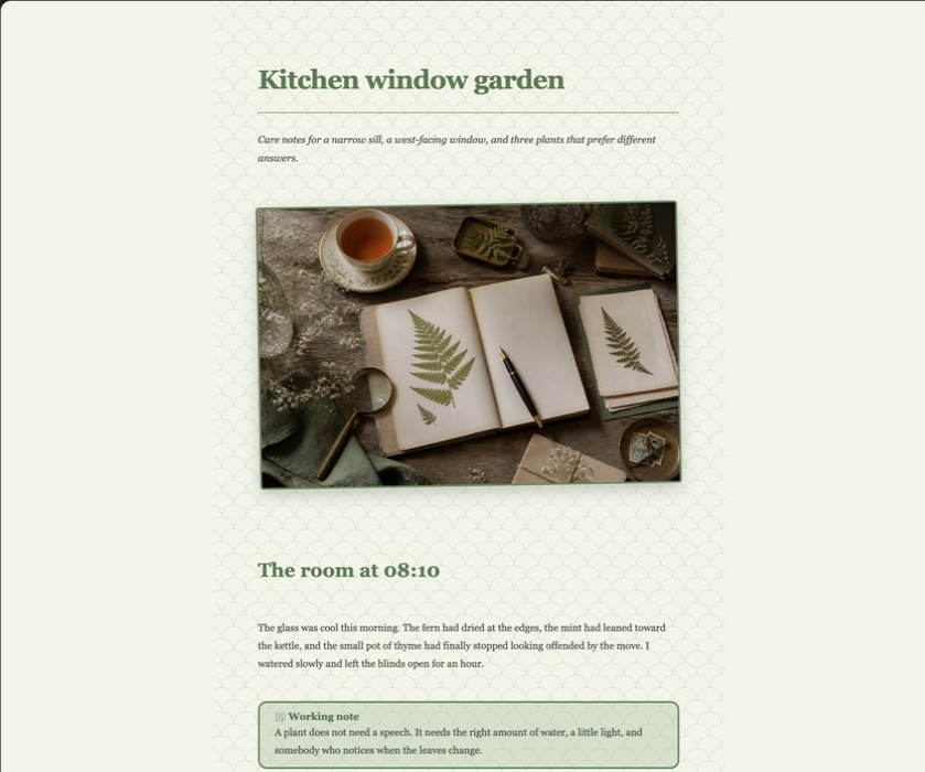 Obsidian-rendered kitchen window garden note with botanical photography, care notes, and a working note callout