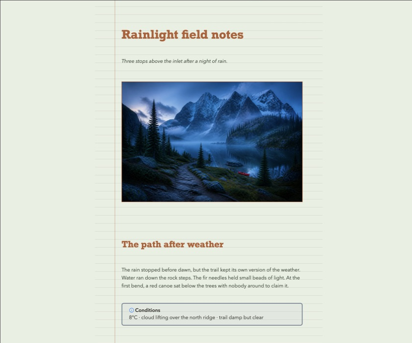 Obsidian-rendered rainlight field note with a mountain route, conditions callout, and dense travel journal