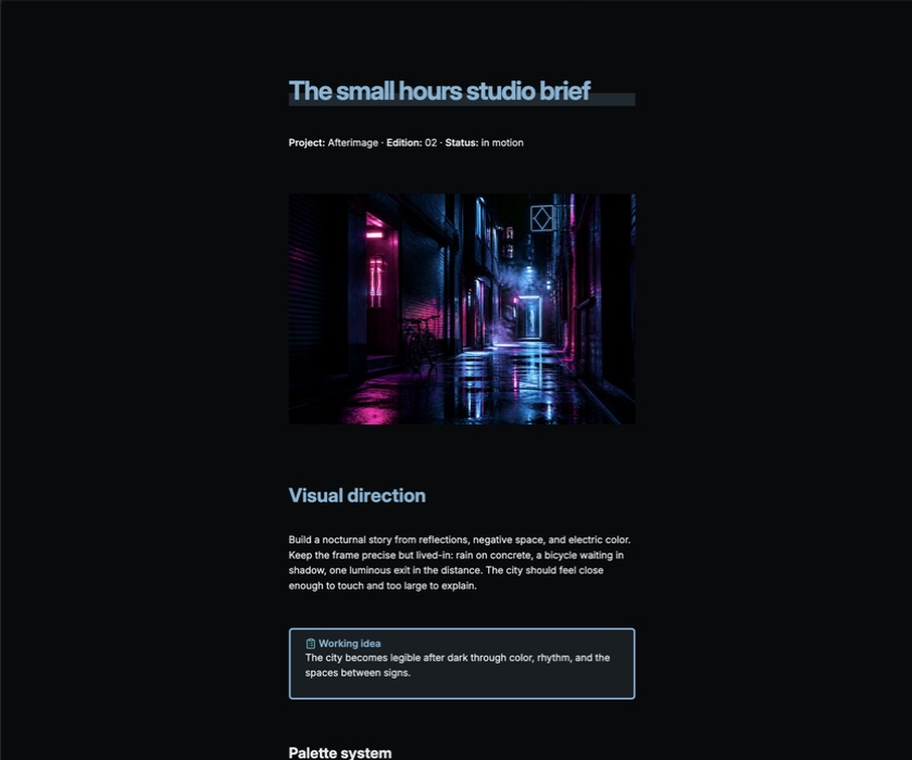 Obsidian-rendered small hours studio brief with neon street photography, visual direction, and working idea callout