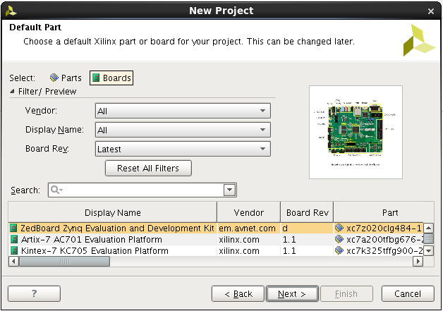 choose boards and select zedboard