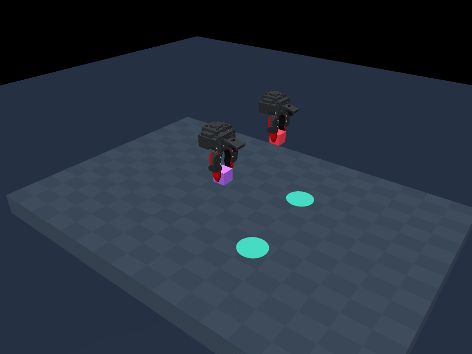 Both YUBI grippers carrying cubes toward their goals in the dual pick-and-place task