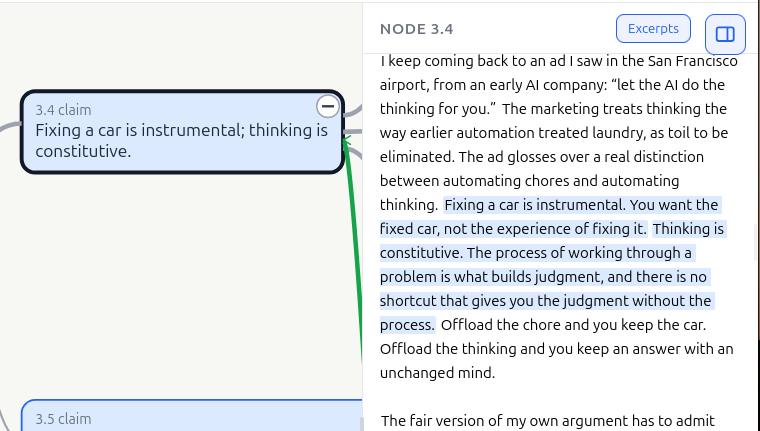 the original text with the selected node's sentences highlighted