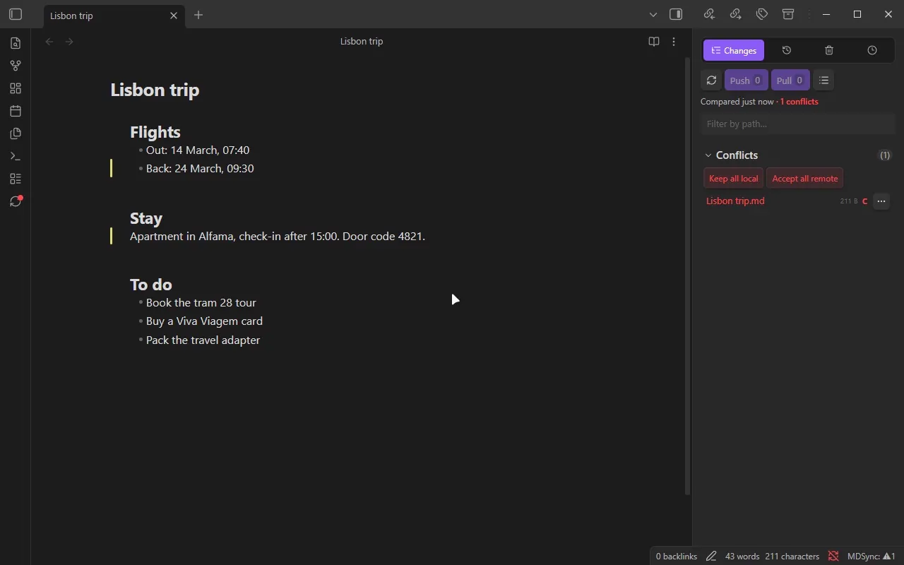 A note edited on two devices, resolved in the three-way merge editor