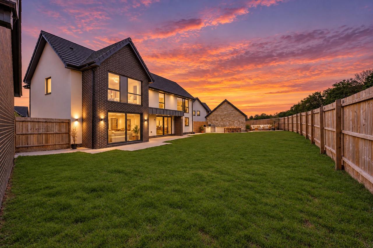 Otters Way, Hampton Water — rear elevation and substantial lawned garden at twilight