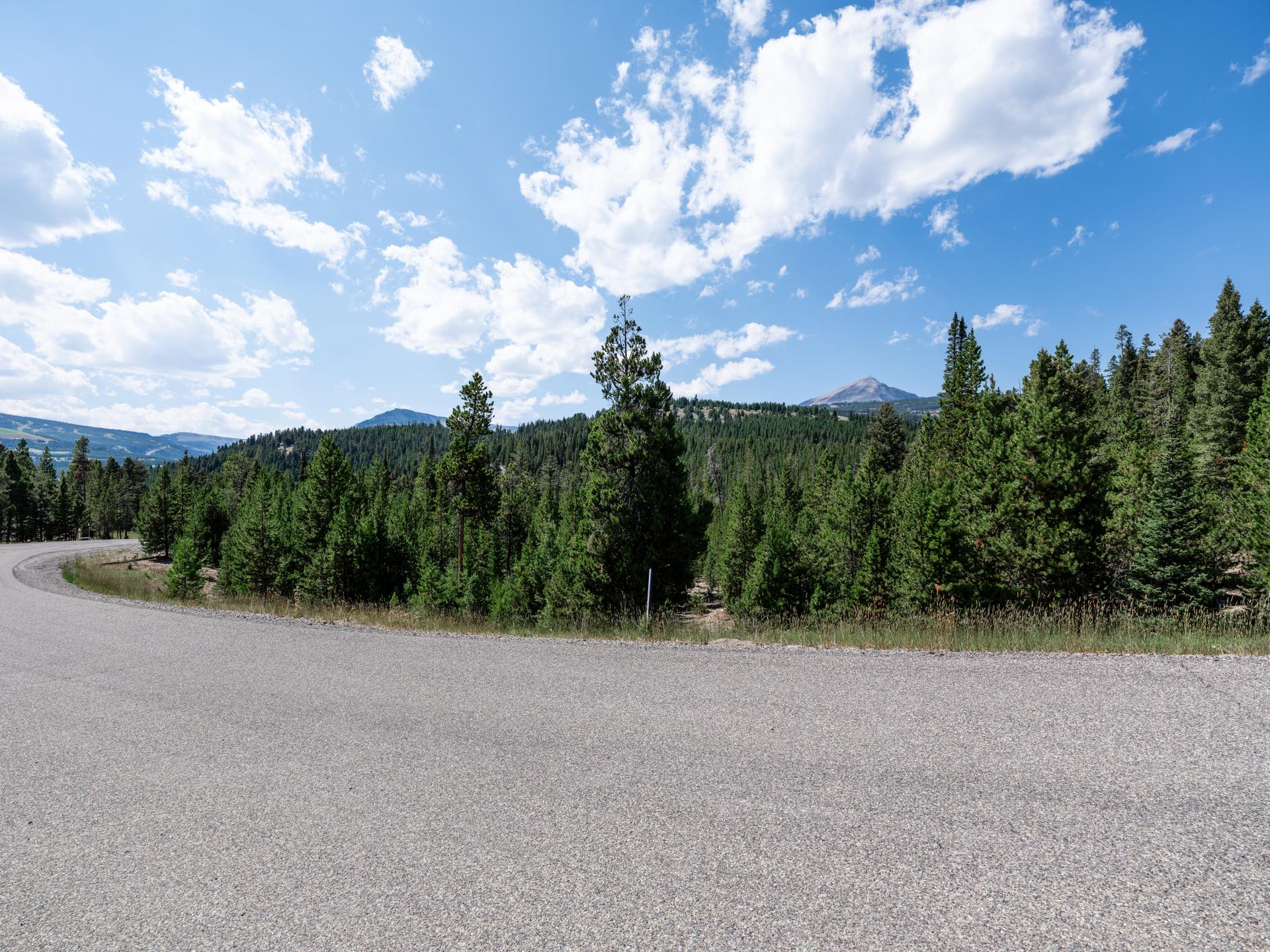 The paved club road curving through pine and open meadow on the approach to the Seclusion Point enclave, mountains in the distance