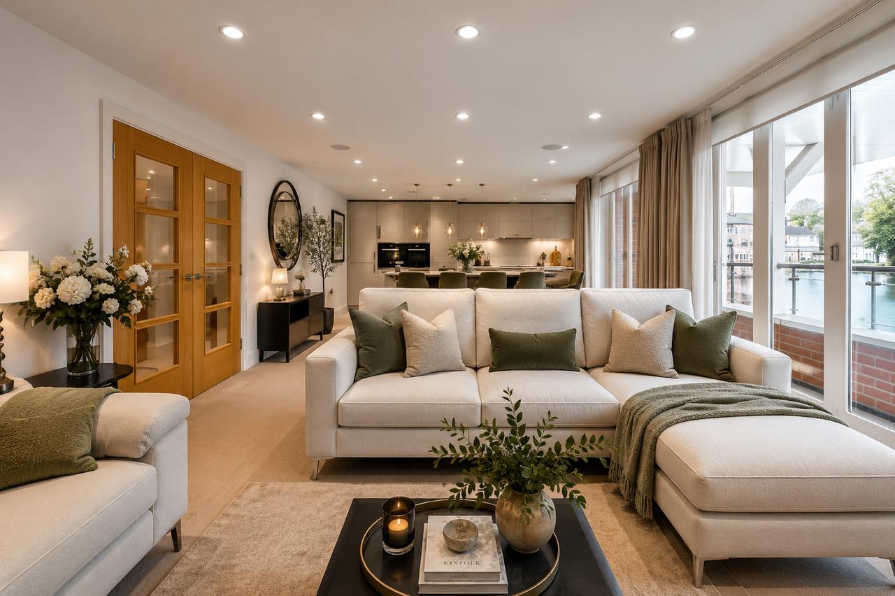3 Lambton House — open-plan reception with river doors to the balcony