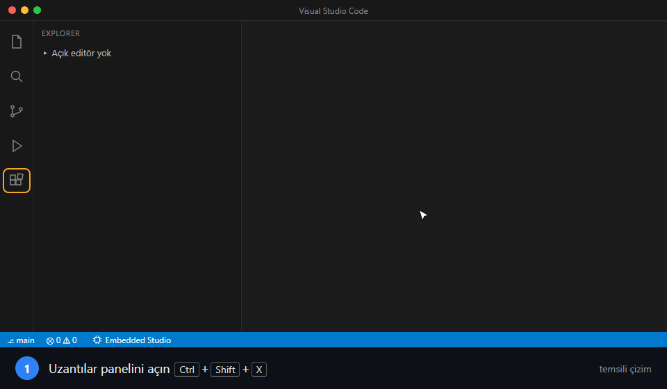 VS Code'da Embedded Studio kurulumu: Uzantılar paneli, arama, Yükle, durum çubuğu