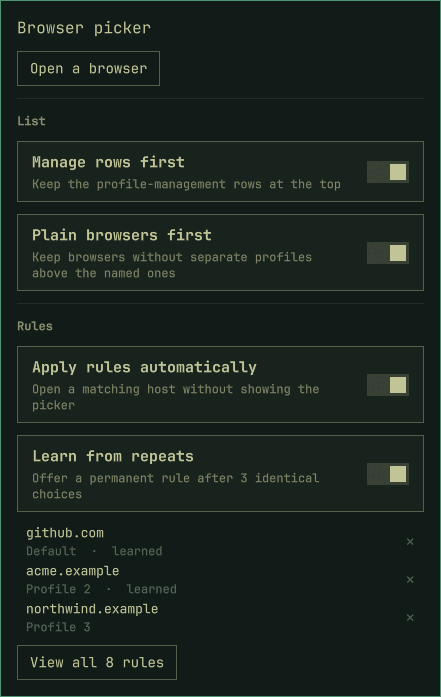 Bar panel with settings and recent rules