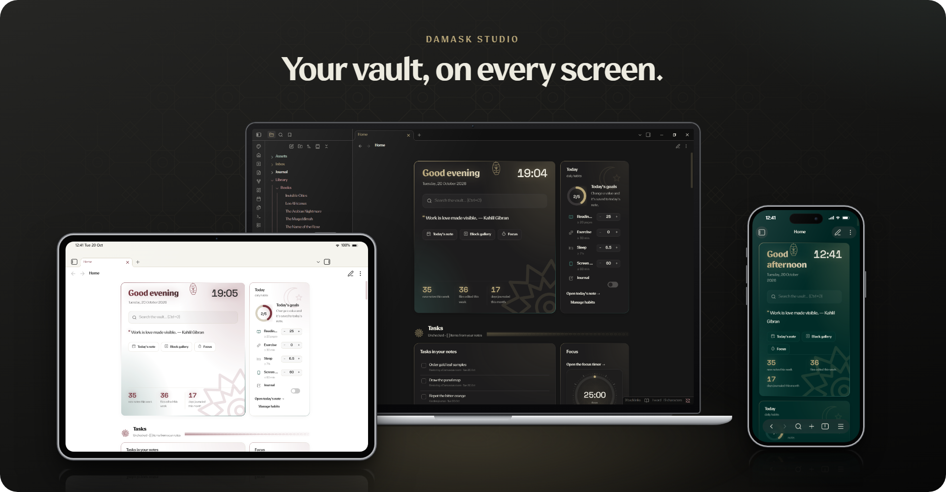 The home dashboard on a laptop, a tablet and a phone