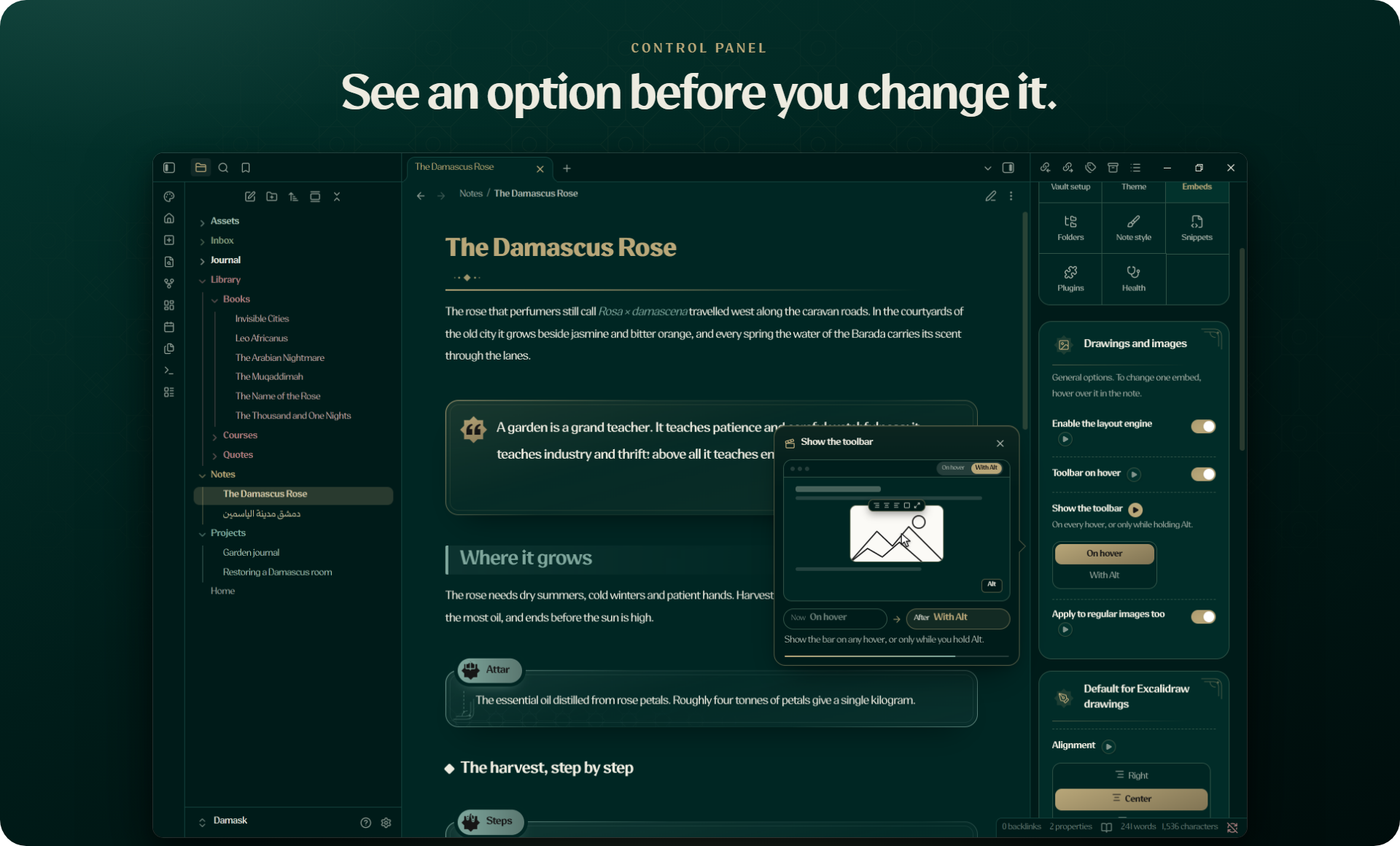 The control panel in the sidebar, with an animated preview showing what an option changes