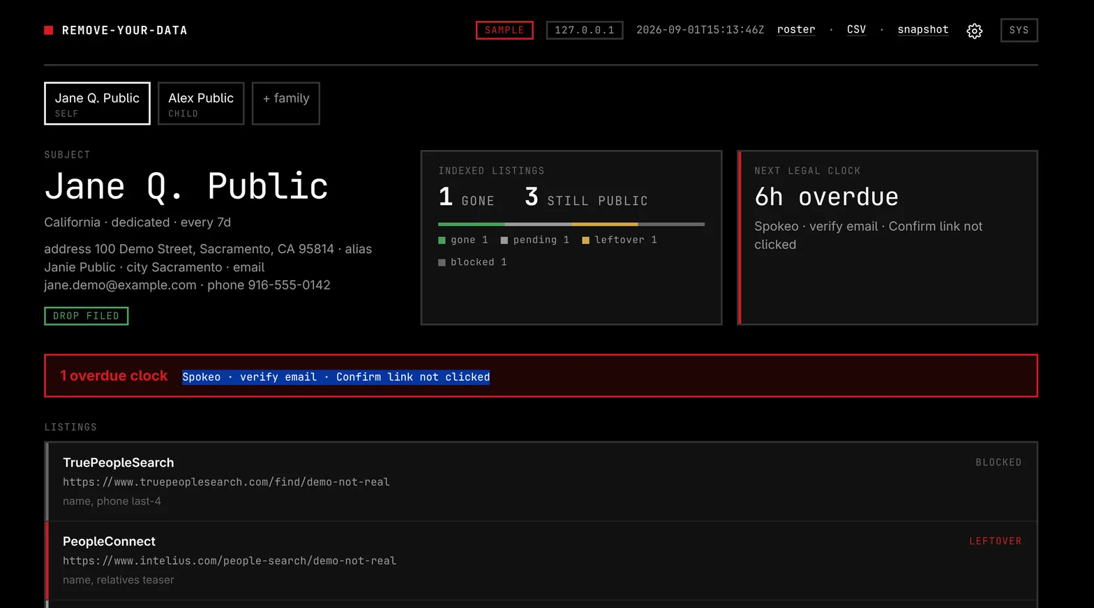 Takedown report for sample person Jane Q. Public
