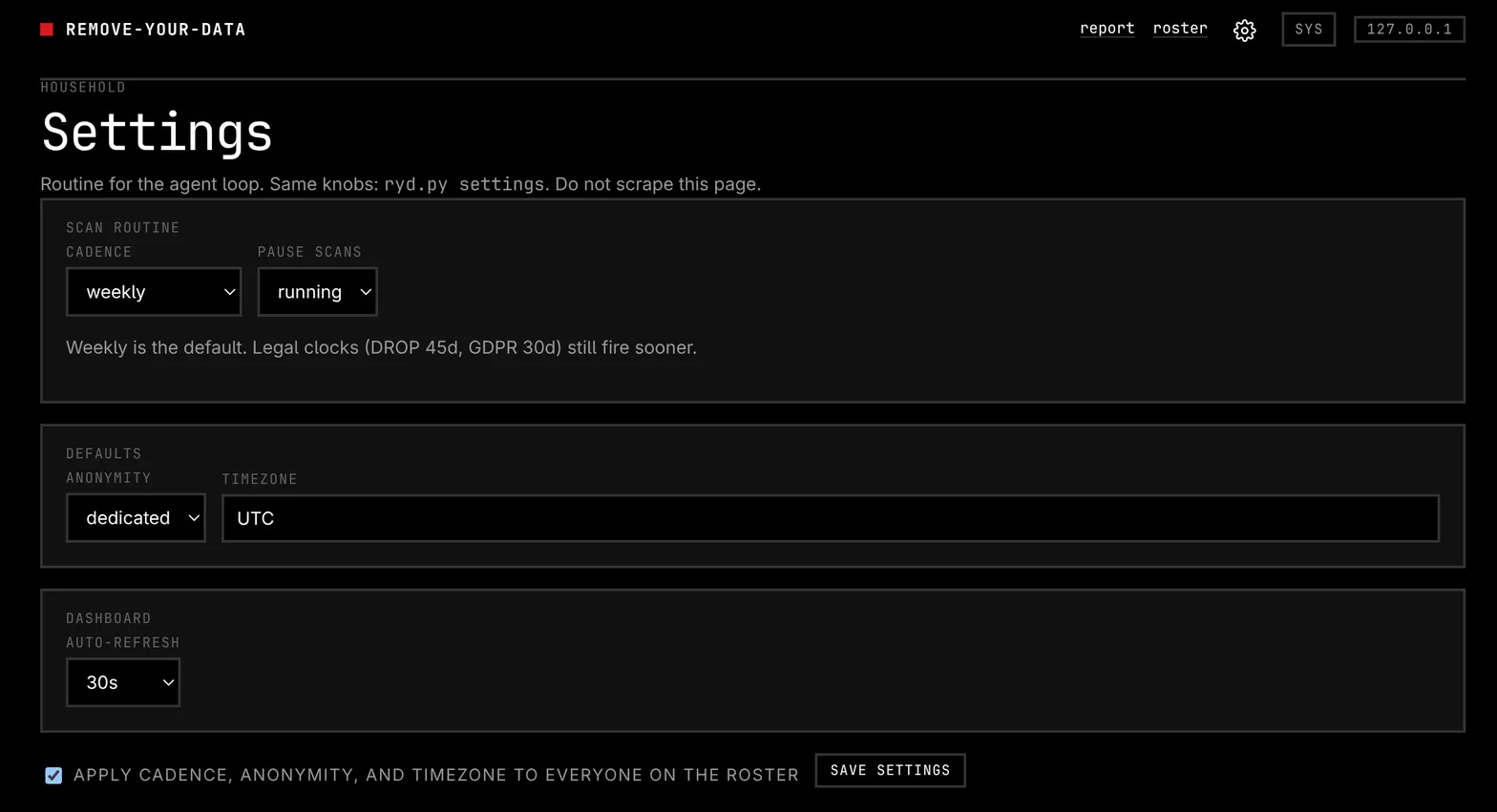 Settings cadence and anonymity