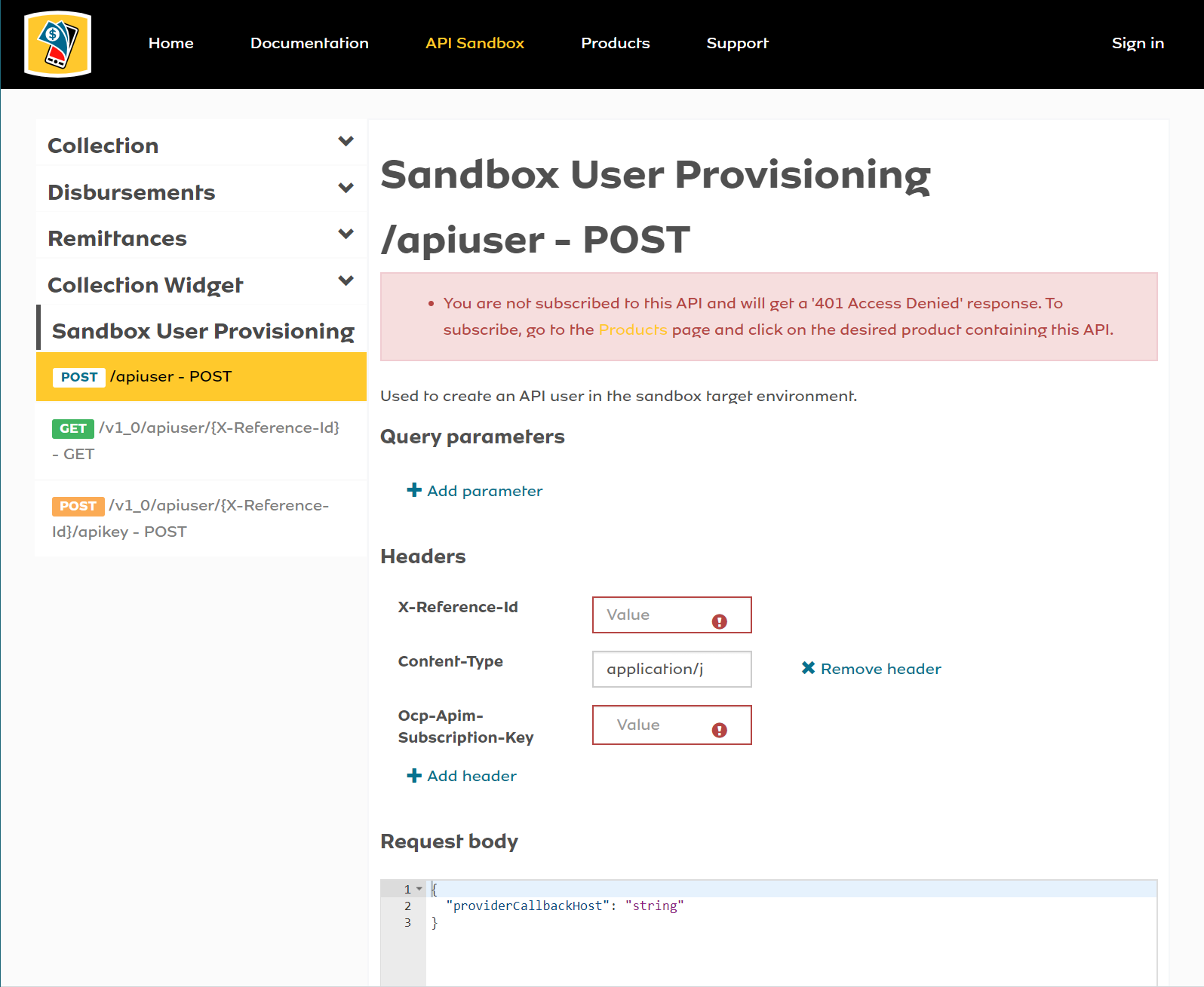 Sandbox User Provisioning apiuser - POST Try It Error 401