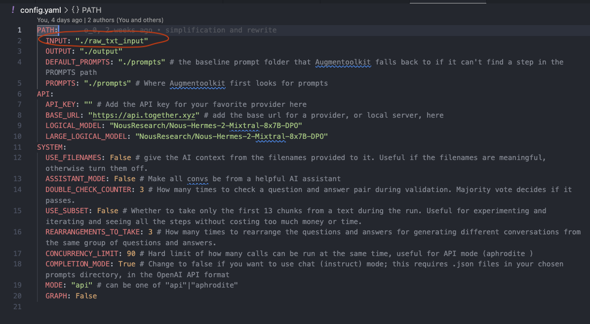 screenshot of config.yaml with input text path clearly specified