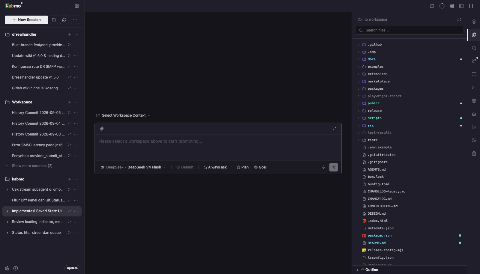 Kabmo — session sidebar, streaming timeline with tool cards, and the Files panel