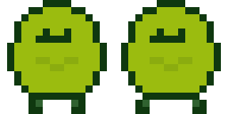 ภาพตัวละครก้อนกลม Pixel Art สีเขียวสองเฟรมที่จัดเรียงเป็น Sprite Sheet ของ pixlrt