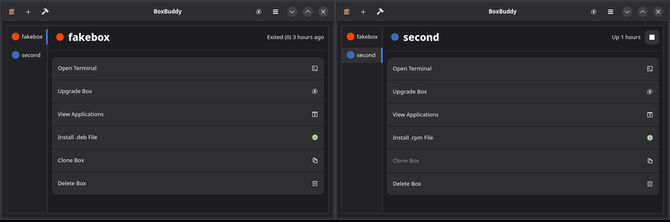 stopped box on the left with Clone live; running box on the right with Clone greyed out