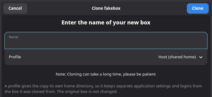 clone dialog with the profile combo