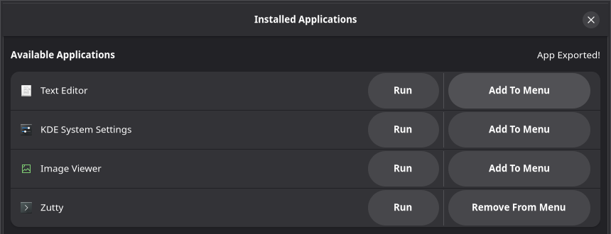 after clicking Add To Menu on Text Editor: the heading says App Exported! while the row still offers Add To Menu