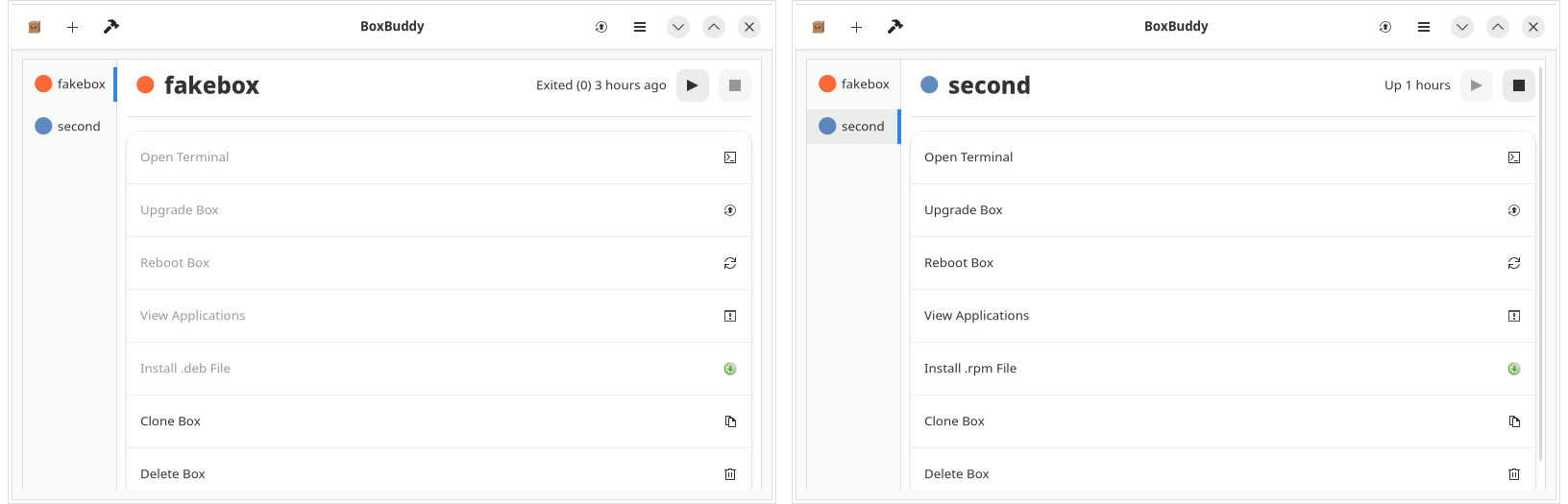 stopped box on the left: Start live, the in-box rows and Reboot greyed out; running box on the right: the reverse, with Stop live