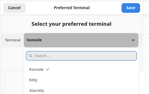 the dropdown now lists only installed terminals — Konsole, Kitty, Alacritty on this machine