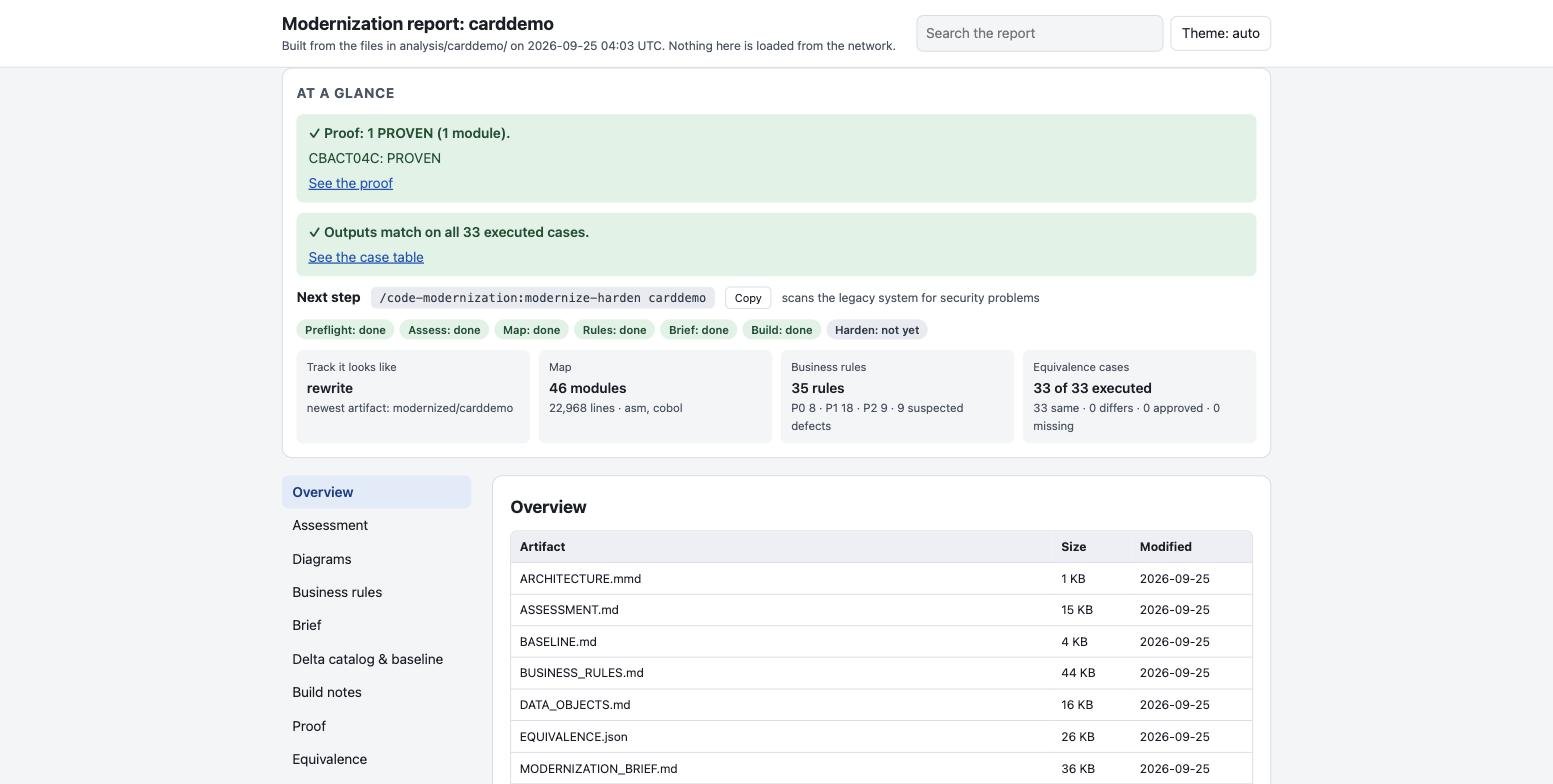 One report page with everything found so far: a green banner when the proof passes and the old and new outputs match, the command to run next, the steps done, and the counts, with tabs for the assessment, the map, the business rules, the plan, the build notes and the proof.