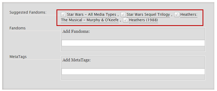 the tag edit page with the new checkboxes added by the Fandom Assignment Shortcuts script