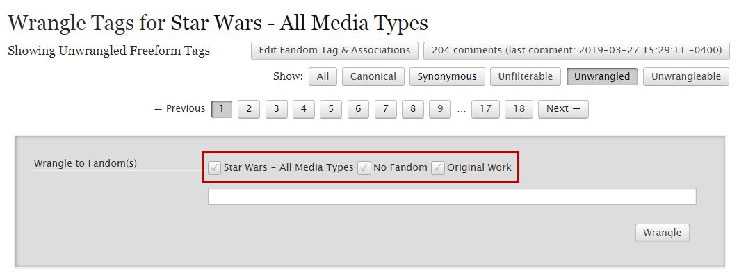 the unwrangled tags page with the new options added by the Fandom Assignment Shortcuts script