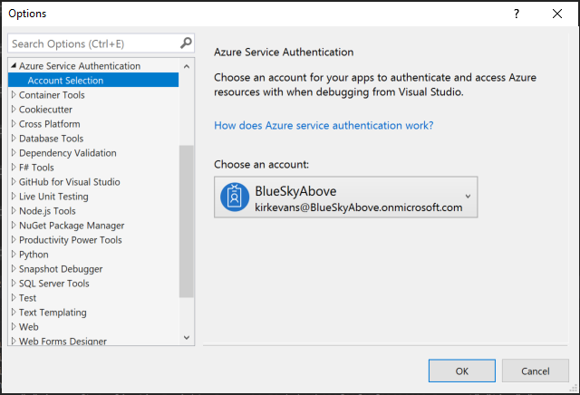 Azure Service Authentication Account Selection screen in Visual Studio 2017