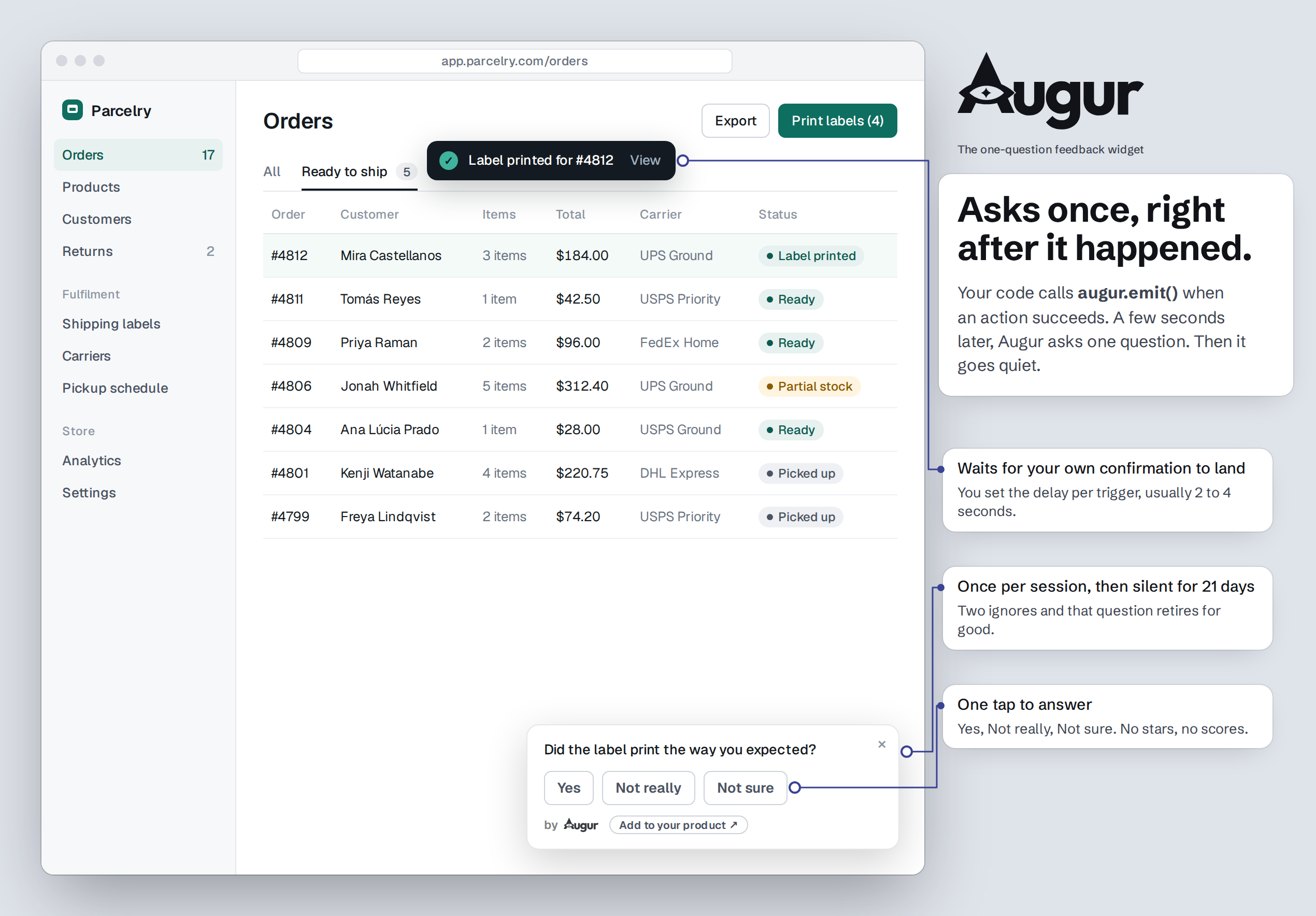 Augur asking one question in an order-management app, a few seconds after a shipping label printed