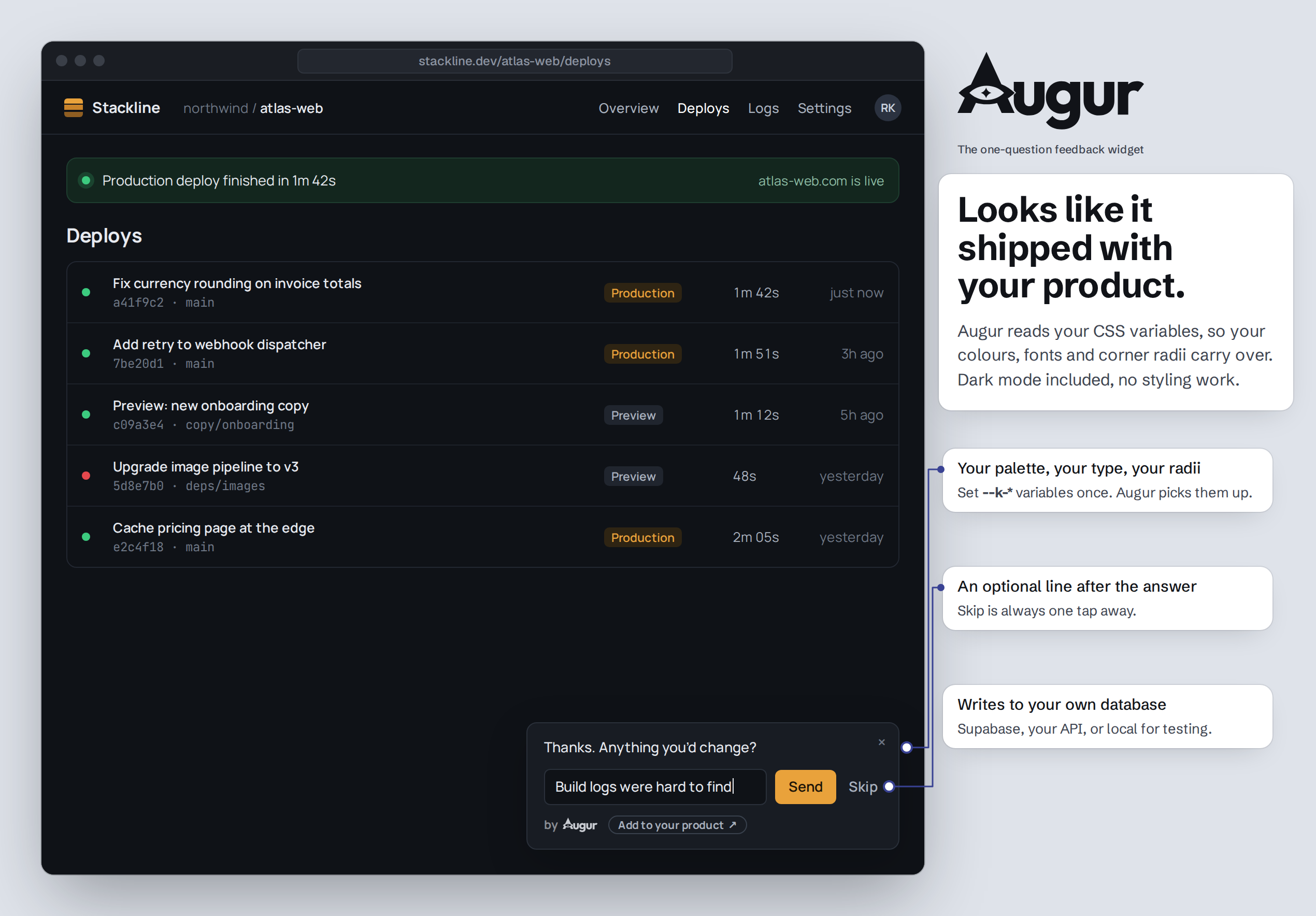 Augur in a dark deploys dashboard, matching the host's colours and fonts