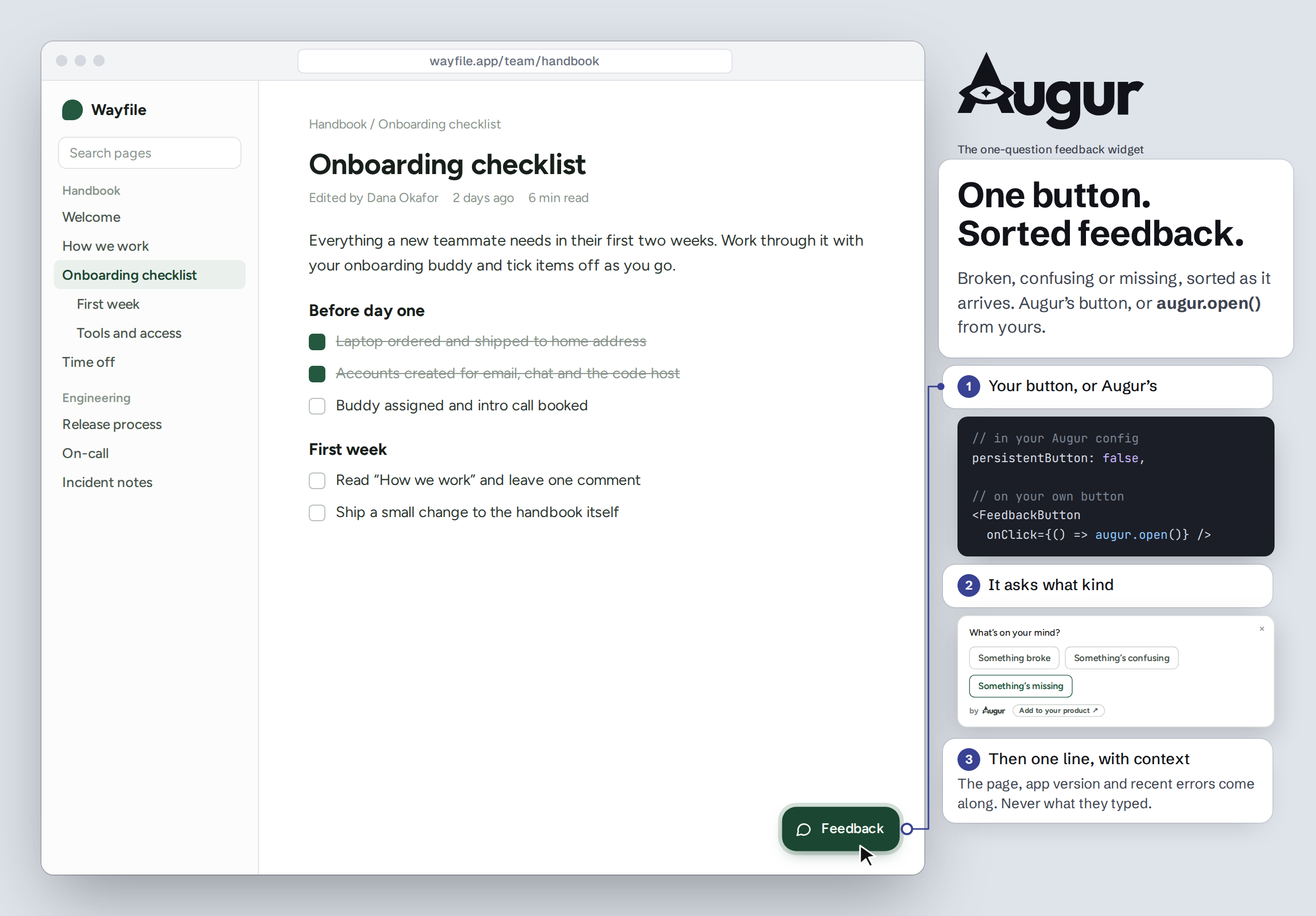 A host's own Feedback button opening Augur's panel through augur.open(): What's on your mind? Something broke, Something's confusing, Something's missing
