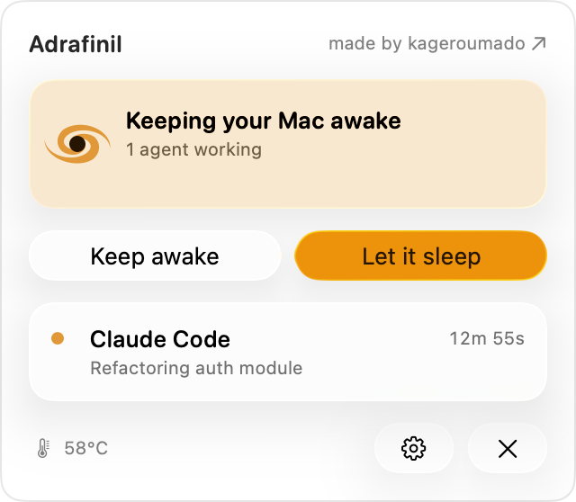 Awake — kept awake while an agent works, with Keep awake / Let it sleep controls